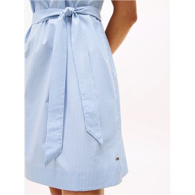 Stripe Puff-Sleeve Belted Dress