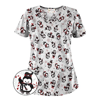 UA Penguin Holiday White Print Scrub Top