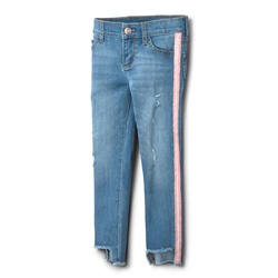 Girls Side Stripe Step Hem Distressed Denim Jeans