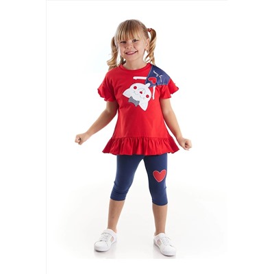 Denokids Yaramaz Kedi Kalpli Kız Çocuk Kırmızı T-shirt Lacivert Tayt Takım CFF-22Y1-055