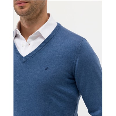 İndigo Melanj Slim Fit V Yaka Basic Triko Kazak