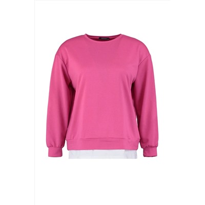 Fuşya Alttan T-Shirt Çıkma Görünümlü İnce Örme Büyük Beden Sweatshirt TBBAW23AO00023