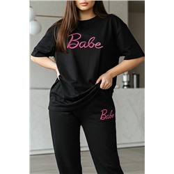 Siyah Regular Fit Slogan Baskılı Kısa Kol Örme Büyük Beden Eşofman Takımı TBBSS25CP00005