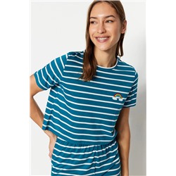 TRENDYOLMİLLA Petrol Gökkuşağı Baskılı T-shirt-Şort Örme Pijama Takımı THMSS20PT0230