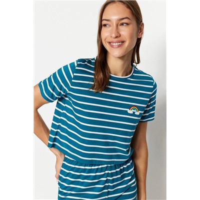 TRENDYOLMİLLA Petrol Gökkuşağı Baskılı T-shirt-Şort Örme Pijama Takımı THMSS20PT0230