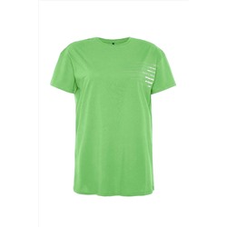 Yeşil Bisiklet Yaka slogan Baskılı %100 Pamuk Örme Büyük Beden T-shirt Elbise TBBSS23AH00162