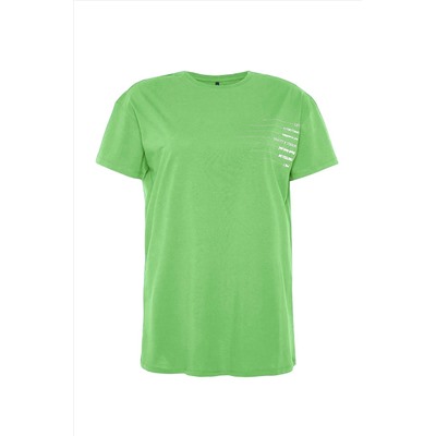 Yeşil Bisiklet Yaka slogan Baskılı %100 Pamuk Örme Büyük Beden T-shirt Elbise TBBSS23AH00162