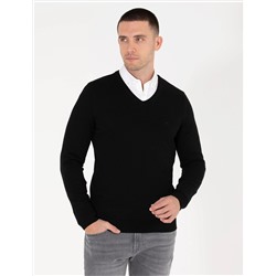 Siyah Slim Fit V Yaka Basic Triko Kazak