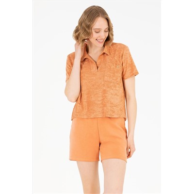 Kadın Pudra Crop Polo Yaka Tişört