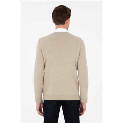 Erkek Slim Fit V Yaka Haki Melanj Basic Kazak