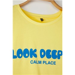 Sarı Slogan Baskılı Boyfriend %100 Pamuk Örme Büyük Beden T-shirt TBBSS24BF00036