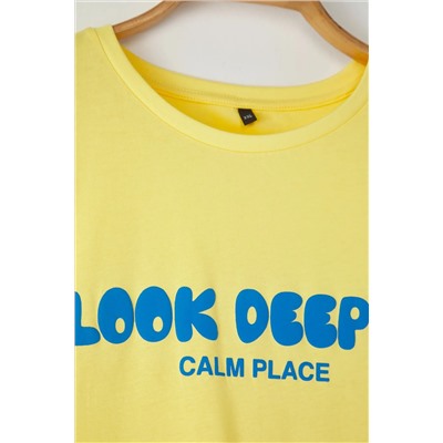 Sarı Slogan Baskılı Boyfriend %100 Pamuk Örme Büyük Beden T-shirt TBBSS24BF00036