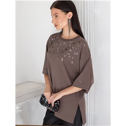 Футболка оверсайз с принтом пайетками из премиального хлопка с эластаном