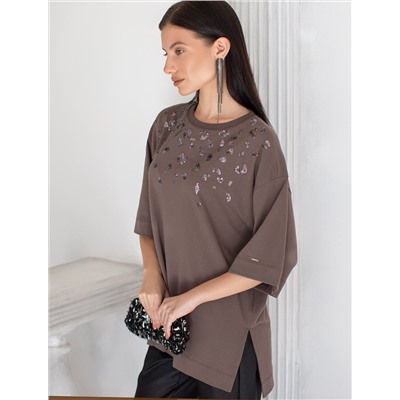 Футболка оверсайз с принтом пайетками из премиального хлопка с эластаном