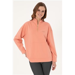 Kadın Somon Dik Yaka Fermuarlı Sweatshirt