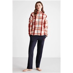 U.S. Polo Assn. Üst %100 Polar Ekoseli Fermuarlı Alt Düz Renk Cepli ve Pamuklu Kışlık Pijama Takım USPOLO-2024-Kış-K16