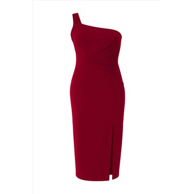 Bordo Asimetrik Tek Kol Dokuma Abiye/Mezuniyet/Kokteyl/Party Büyük Beden Elbise TBBSS25AH00108
