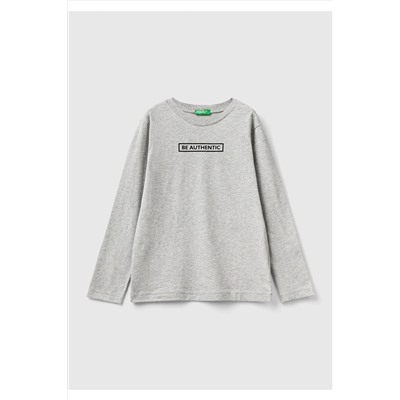 United Colors of Benetton Erkek Çocuk Gri Melanj Slogan Baskılı T-Shirt 223A3VR5C10EN