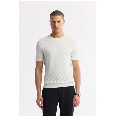 Avva, Erkek Ekru Bisiklet Yaka Önü Jakar Detaylı Rayon Triko T-shirt A51Y5004