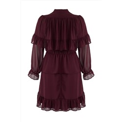 Bordo Şifon Lastik Belli Volanlı Mini Dokuma Büyük Beden Elbise TBBAW26AH00003