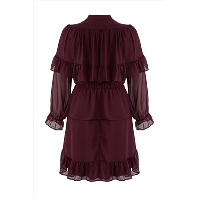Bordo Şifon Lastik Belli Volanlı Mini Dokuma Büyük Beden Elbise TBBAW26AH00003