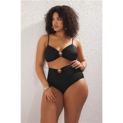Siyah Yıldız Aksesuar Detaylı Askılı Büyük Beden Bikini Üstü TBBSS25CT00003