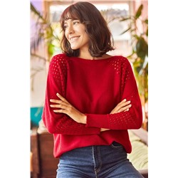 Olalook Kadın Kırmızı Ajurlu Yarasa Oversize Triko Kazak KZK-19000524