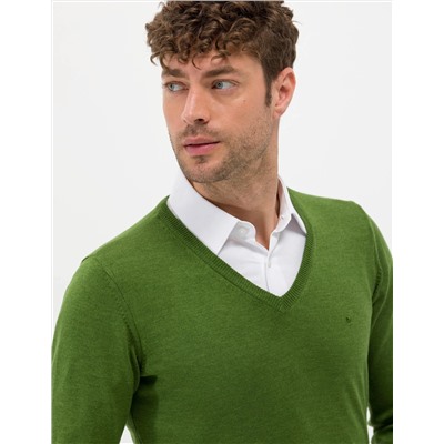 Yeşil Slim Fit V Yaka Basic Triko Kazak