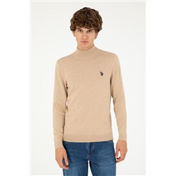 Erkek Slim Fit Yarım Boğazlı Kum Melanj Basic Kazak