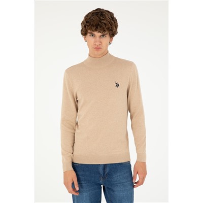 Erkek Slim Fit Yarım Boğazlı Kum Melanj Basic Kazak