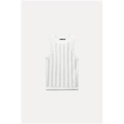 SLEEVELESS RIBBED T-SHIRT WITH RHINESTONES