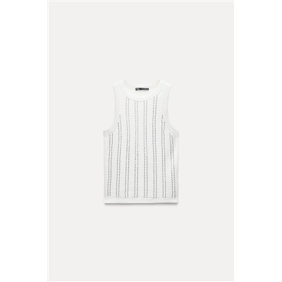 SLEEVELESS RIBBED T-SHIRT WITH RHINESTONES
