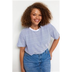 Lacivert Çizgili Bisiklet Yaka Çizgili Örme T-Shirt TBBSS23BF00068