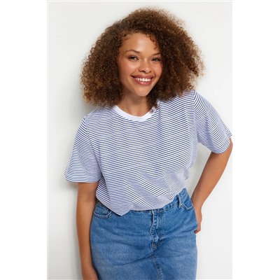 Lacivert Çizgili Bisiklet Yaka Çizgili Örme T-Shirt TBBSS23BF00068