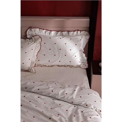 Coeur Tek Kişilik %100 Pamuk Kalp Nakışlı Nevresim Takımı - Beyaz/Kırmızı