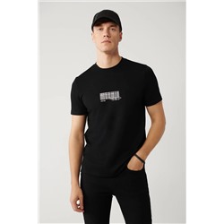 Avva, Erkek Siyah Bisiklet Yaka Baskılı Interlok T-shirt A41y1013