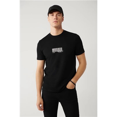 Avva, Erkek Siyah Bisiklet Yaka Baskılı Interlok T-shirt A41y1013