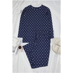 Lacivert Kalp ve Puantiye Desenli Örme Pijama Takımı TBBAW25AI00065