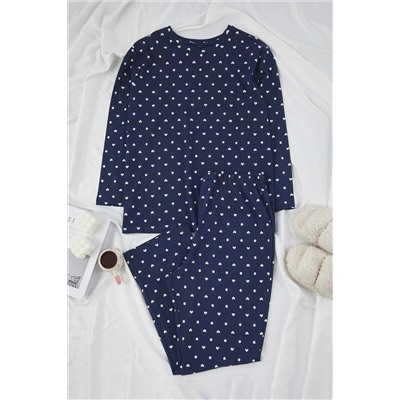 Lacivert Kalp ve Puantiye Desenli Örme Pijama Takımı TBBAW25AI00065