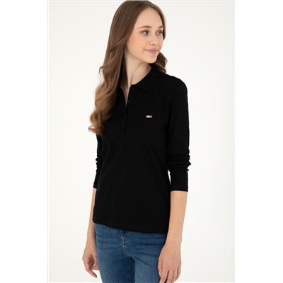 Kadın Siyah Basic Polo Yaka Sweatshirt