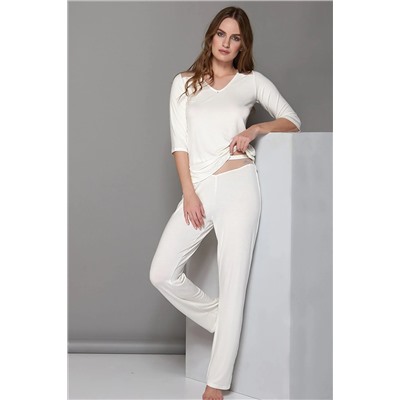 Sevim Kadın Ekru Nakışlı Pijama Takım 12163
