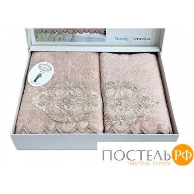 Набор полотенец Карвен "DAMASK"гипюр с кружевом,бамбук 50*90/70*140 HS1716 v3 pudra/пудровый