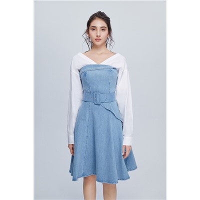 Vestido vaquero efecto doble prenda Azul y blanco