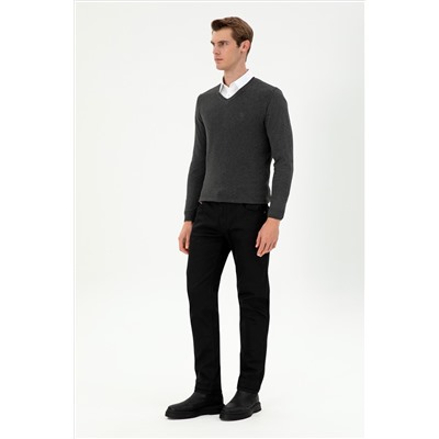 Erkek Slim Fit V Yaka Antrasit Melanj Basic Kazak