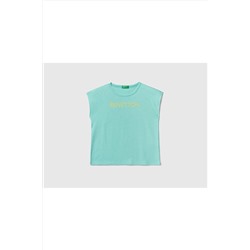 United Colors of BenettonKız Çocuk Su Yeşili Simli Benetton Yazılı Yaz T-shirt Su Yeşili
