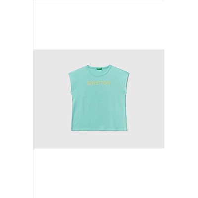 United Colors of BenettonKız Çocuk Su Yeşili Simli Benetton Yazılı Yaz T-shirt Su Yeşili