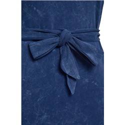 Indigo Kolları Vatklaı Kuşaklı Yıkamalı Örme Büyük Beden T-shirt Elbise TBBSS25AH00008