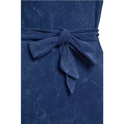 Indigo Kolları Vatklaı Kuşaklı Yıkamalı Örme Büyük Beden T-shirt Elbise TBBSS25AH00008