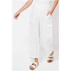 Pantalón recto cargo cintura alta de lino - Blanco