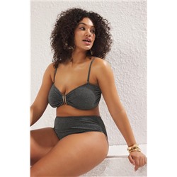 Siyah U Aksesuar Detaylı Simli Askılı Büyük Beden Bikini Üstü TBBSS25CT00007